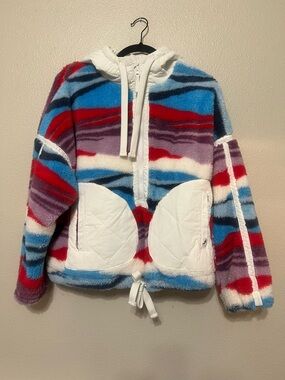 JoyLab Multicolor Striped Hooded Puffer Fleece Jacket with White Quilted Pockets